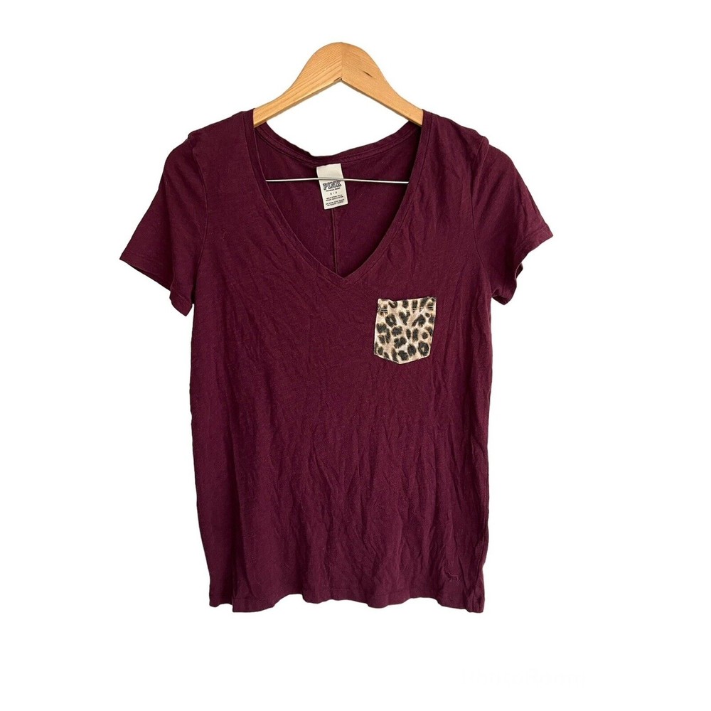 PINK Victoria's Secret Marooon Purple Cheetah print pocket T Shirt Top Size M
